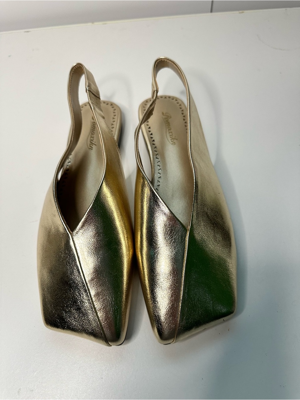 Pomoxin Women’s Gold Slingback Flats Square Toe Strappy Faux Leather Shoes
